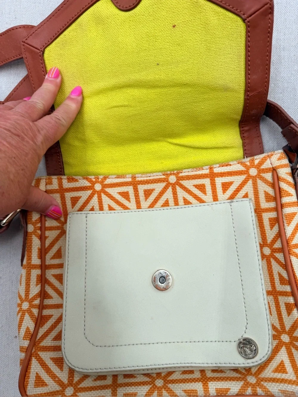 Spartina 449 Geometric Orange & Cream Crossbody Bag with Brown Trim